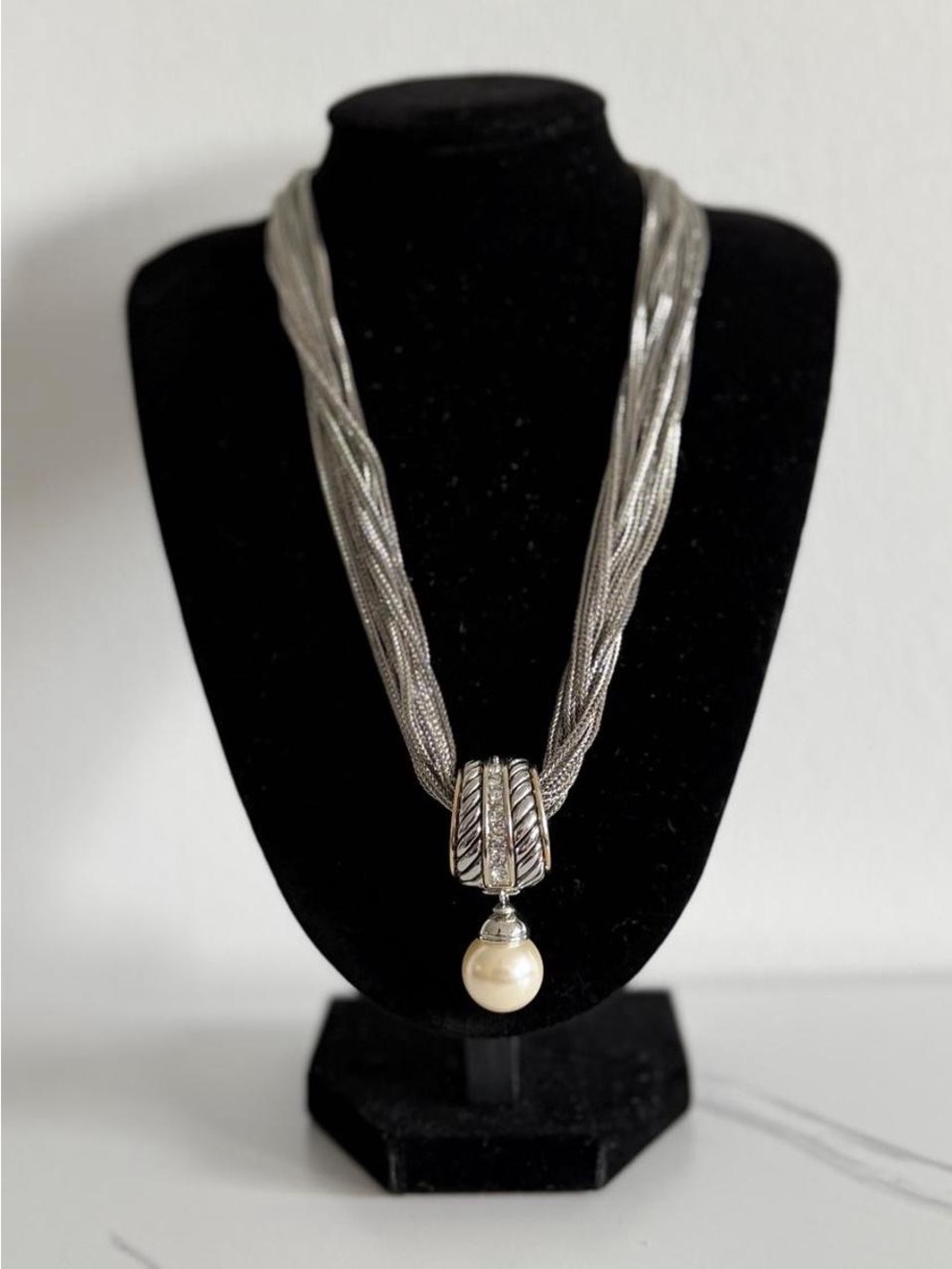 Vintage Silver-Tone Multi-Strand Necklace with Pearl Drop